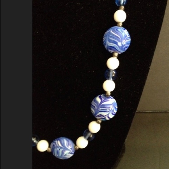 Lampwork Glass Blue White Stripped Necklace Murano Set - Picture 5 of 6